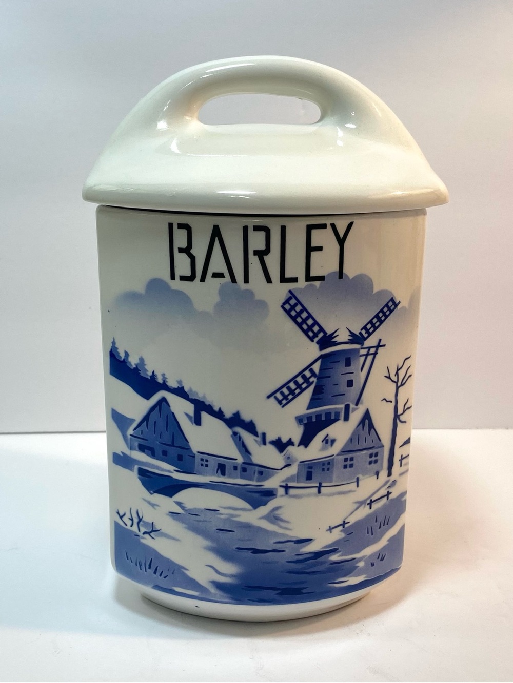 Vtg Yvonne 357 Barley Dutch Delft Style Blue White Windmill Ceramic Canister 8”